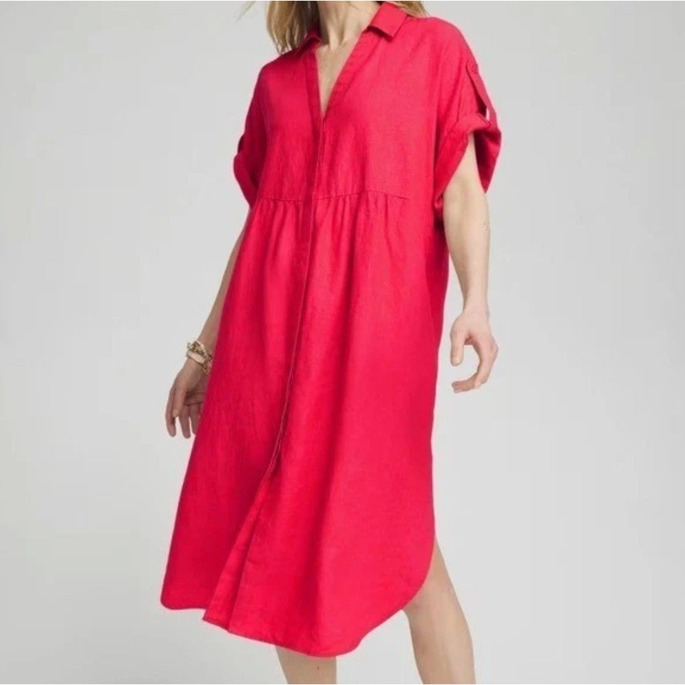 Chico's Womens Linen Roll Tab Dolman Sleeve Midi Dress Size 14 Pink Vacation